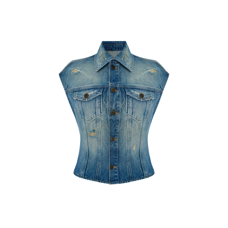Overdyed Denim Embroidered Vest