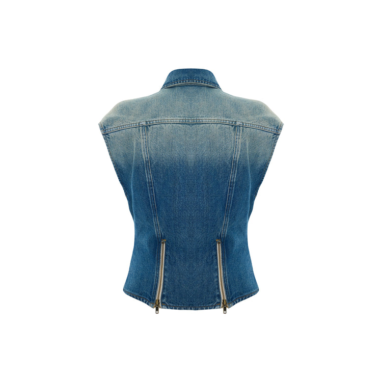Overdyed Denim Embroidered Vest