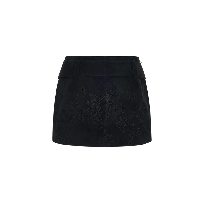 Embroidered Mini Suede Skirt
