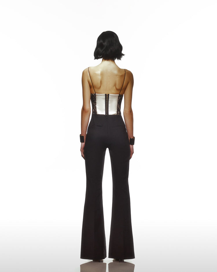 Corsetted Jump Suit With Satin And See Through Bustier