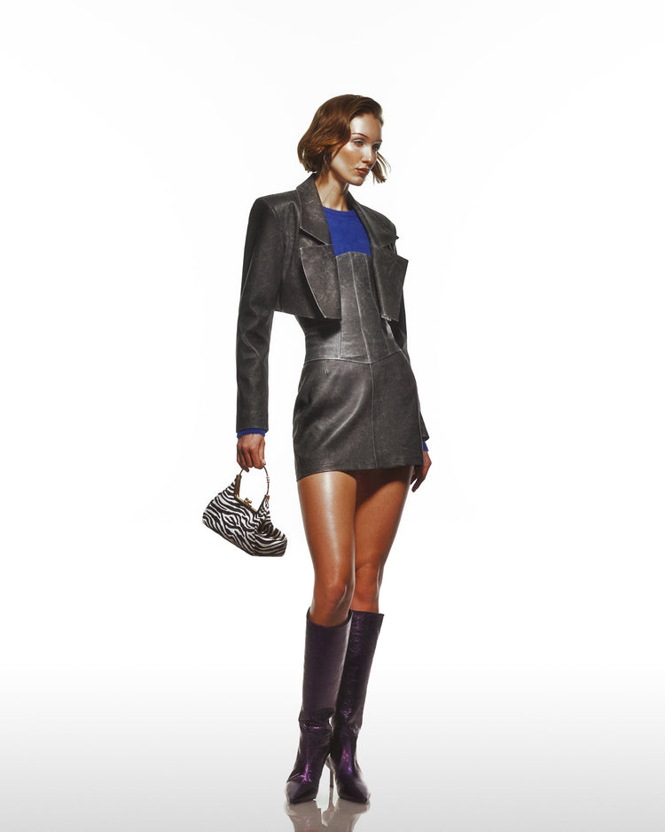 Distressed Effect Leather Cropped Coat