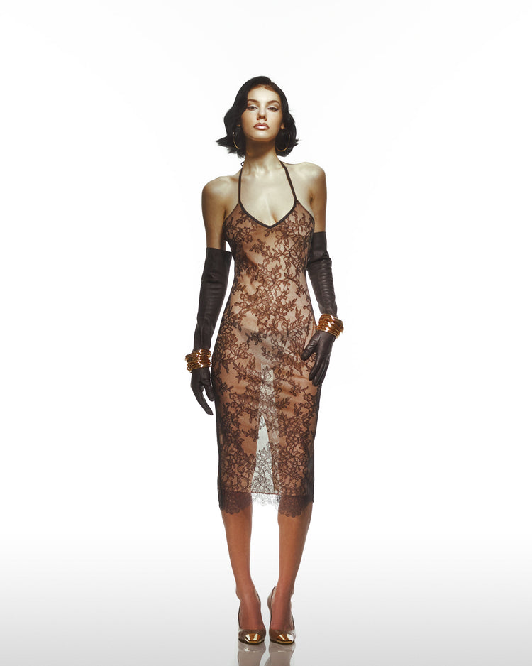 Black Lace Spaghetti Strap Bodycon Dress With An Inlining