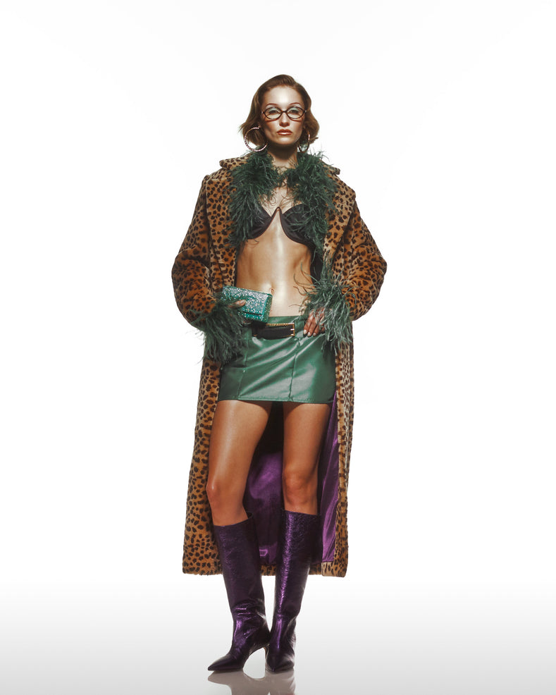 Low Belt Green Satin Mini Skirt With Belt