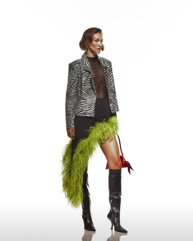 Asymmetic Slit Black Crepe Skirt With Green Ostrich Trim