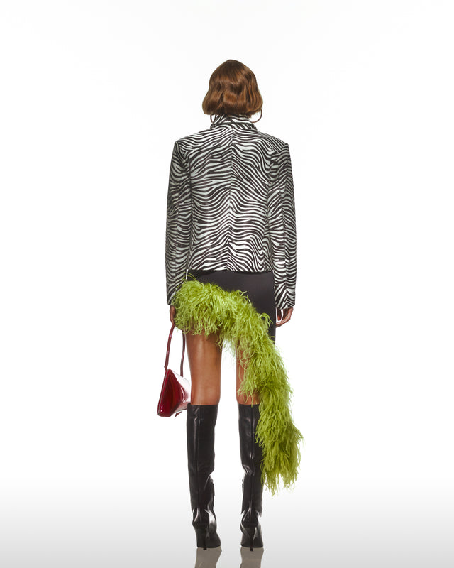 Asymmetic Slit Black Crepe Skirt With Green Ostrich Trim