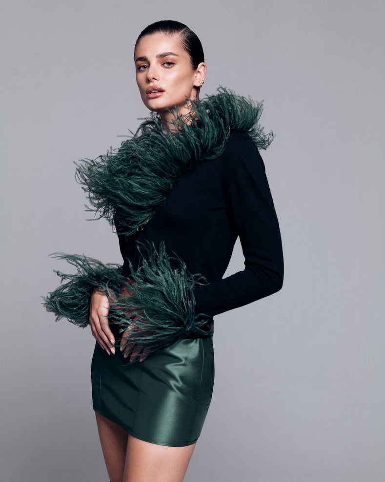 Low Belt Green Satin Mini Skirt With Belt