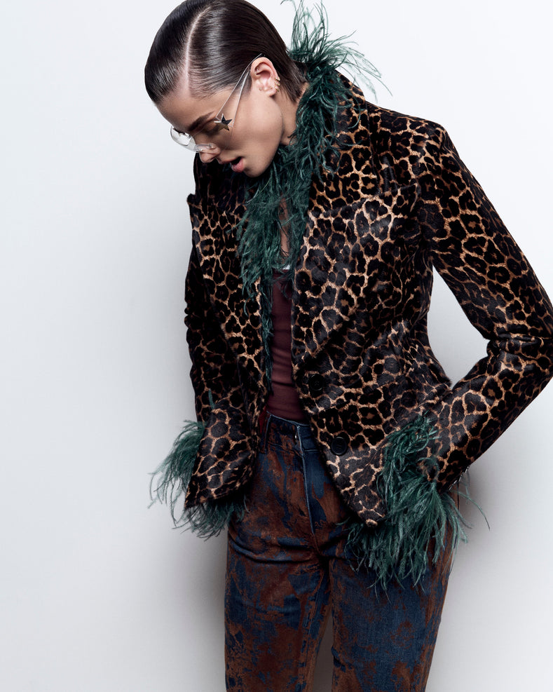 Leopard Print Pony Hair Blazer Jacket With Red Lining