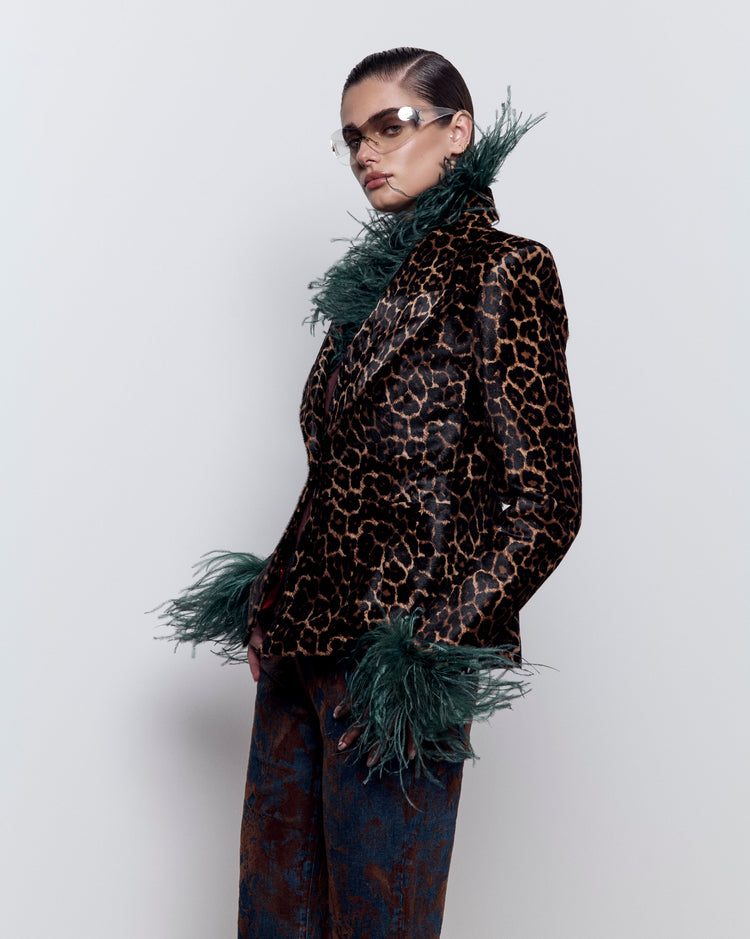 Leopard Print Pony Hair Blazer Jacket With Red Lining