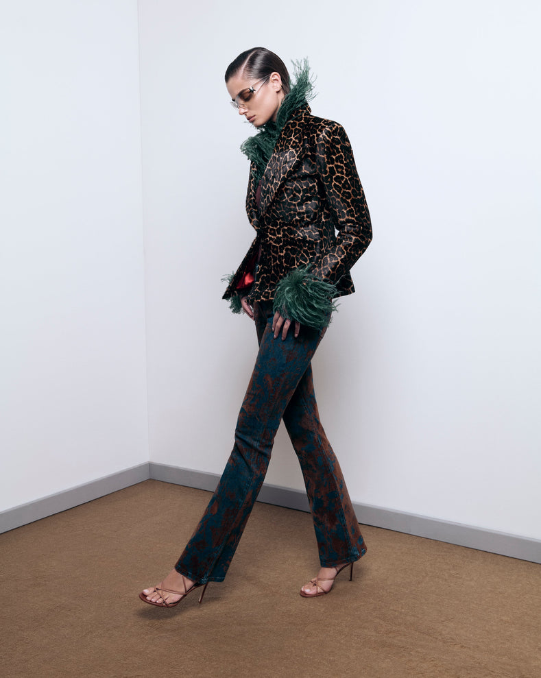 Leopard Print Pony Hair Blazer Jacket With Red Lining