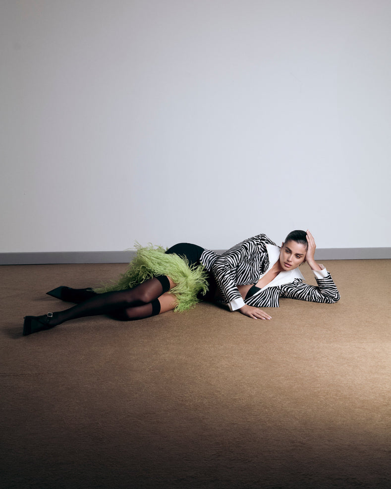 Asymmetric Slit Black Crepe Skirt With Green Ostrich Trim