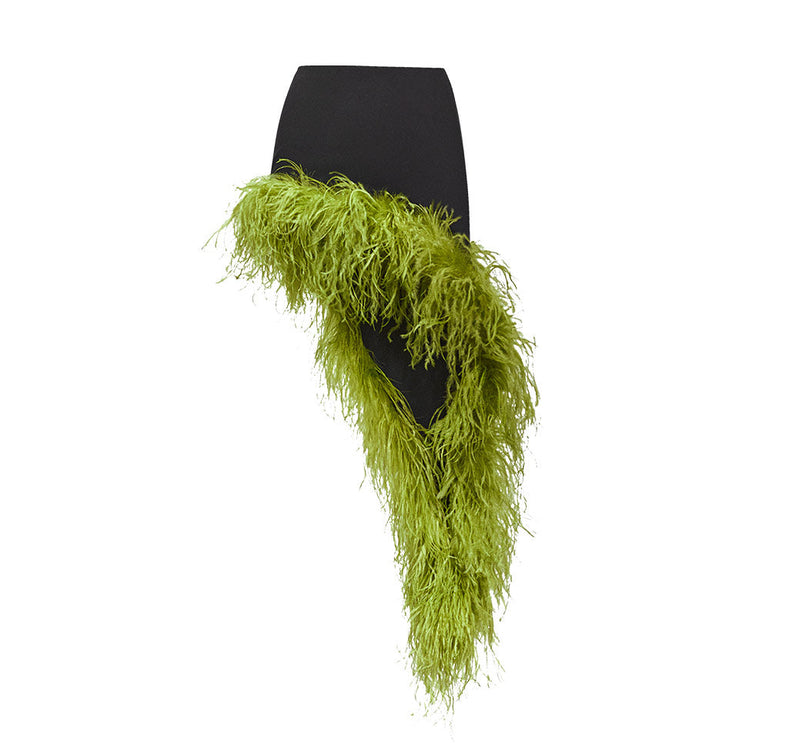 Asymmetric Slit Black Crepe Skirt With Green Ostrich Trim