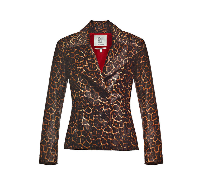 Leopard Print Pony Hair Blazer Jacket With Red Lining