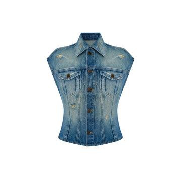 Overdyed Denim Embroidered Vest