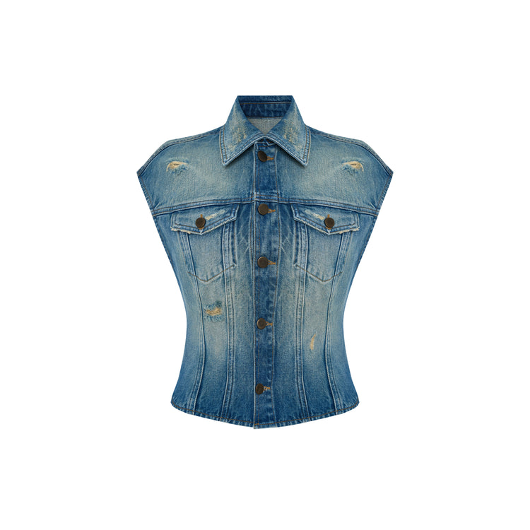 Overdyed Denim Embroidered Vest