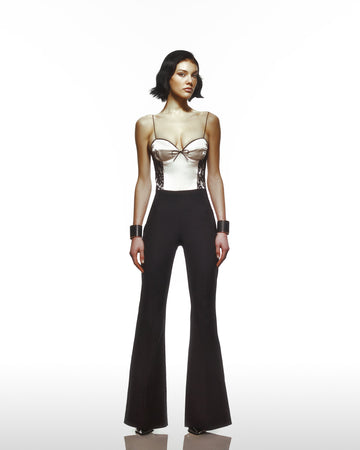Corsetted Jump Suit With Satin And See Through Bustier