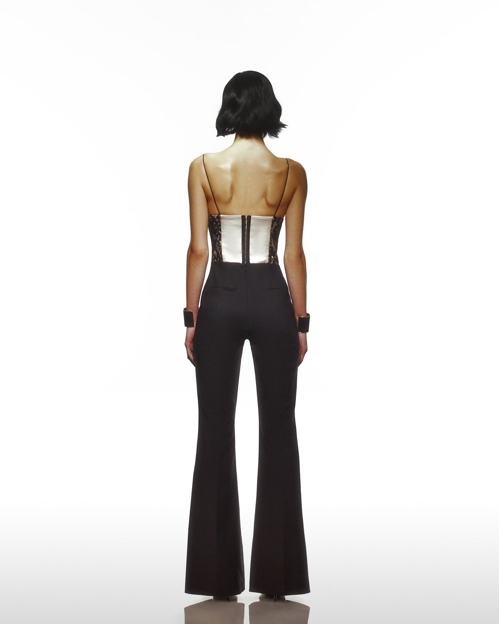 Corsetted Jump Suit With Satin And See Through Bustier