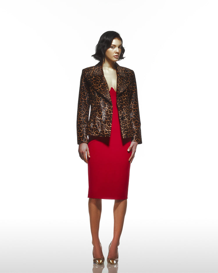 Leopard Print Pony Hair Blazer Jacket With Red Lining