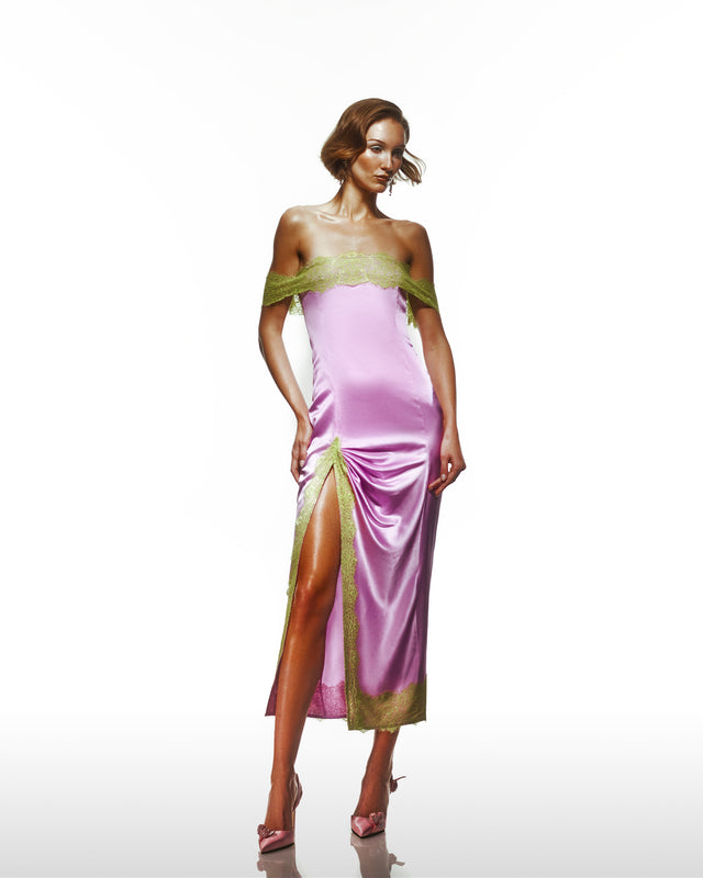 Lilac Silk Dress With Green Lace Aplique Details