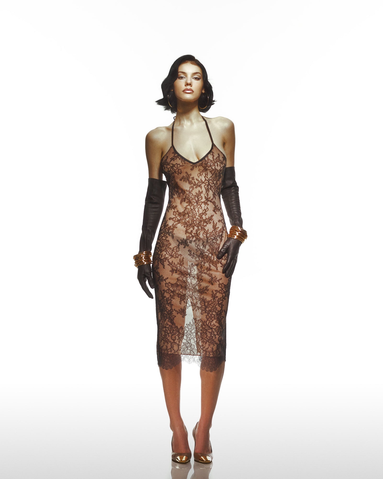 Black Lace Spaghetti Strap Bodycon Dress With An Inlining