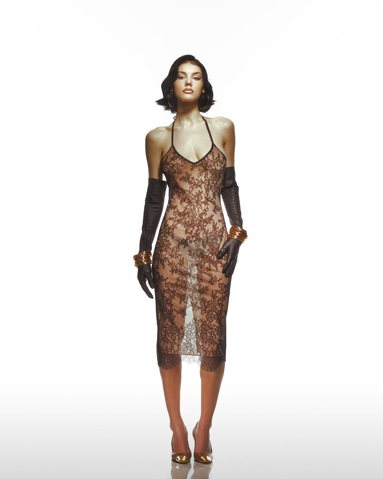 Black Lace Spaghetti Strap Bodycon Dress With An Inlining