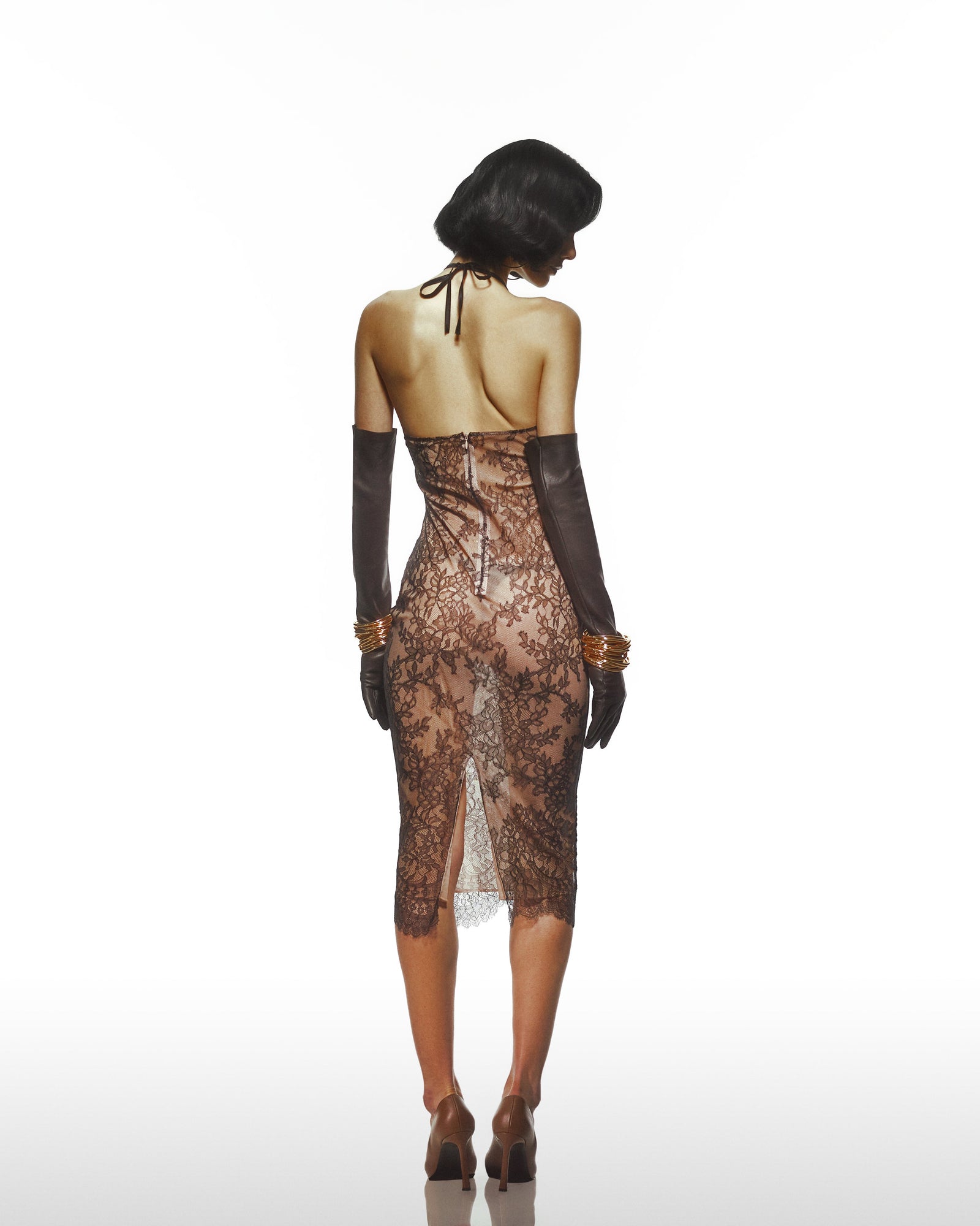 Black Lace Spaghetti Strap Bodycon Dress With An Inlining