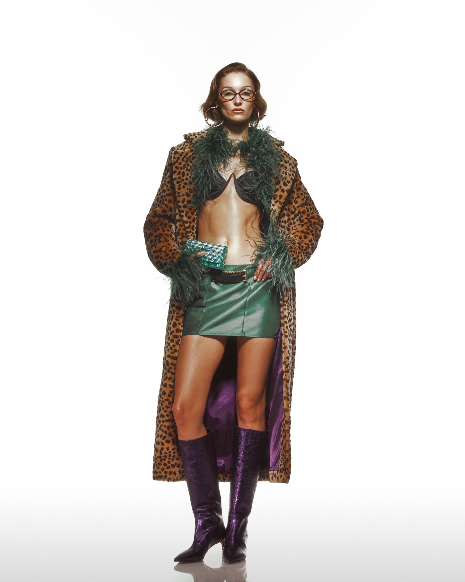 Low Belt Green Satin Mini Skirt With Belt