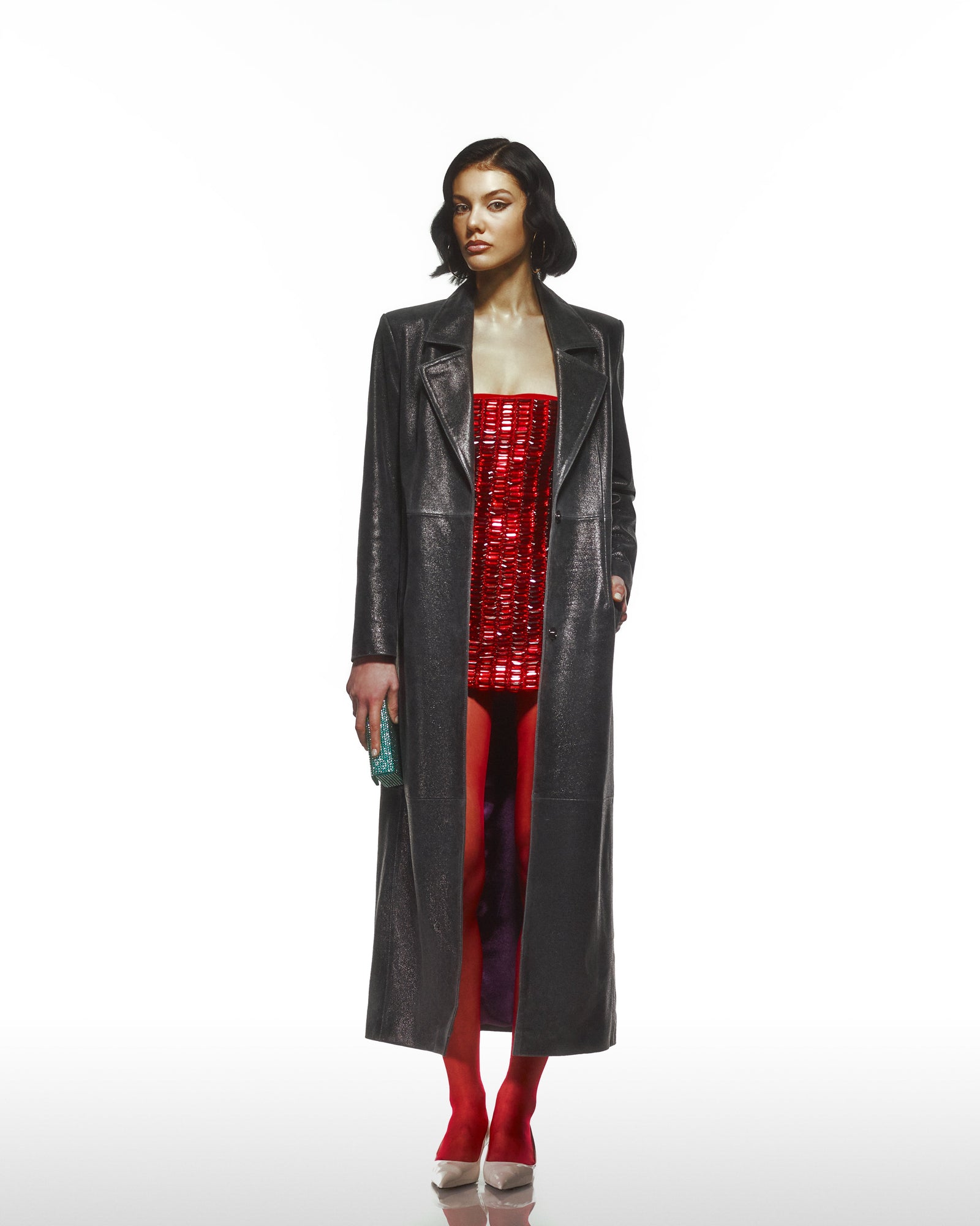 Distressed Leather Trench Coat With Purple Lining