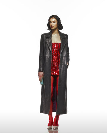 Distressed Leather Trench Coat With Purple Lining