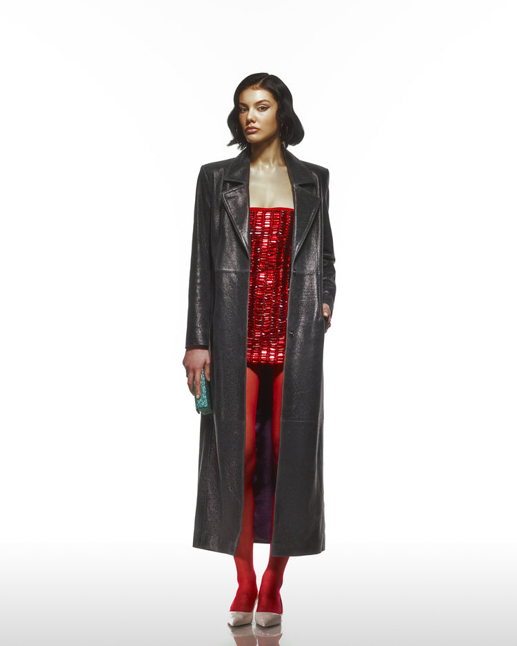 Distressed Leather Trench Coat With Purple Lining