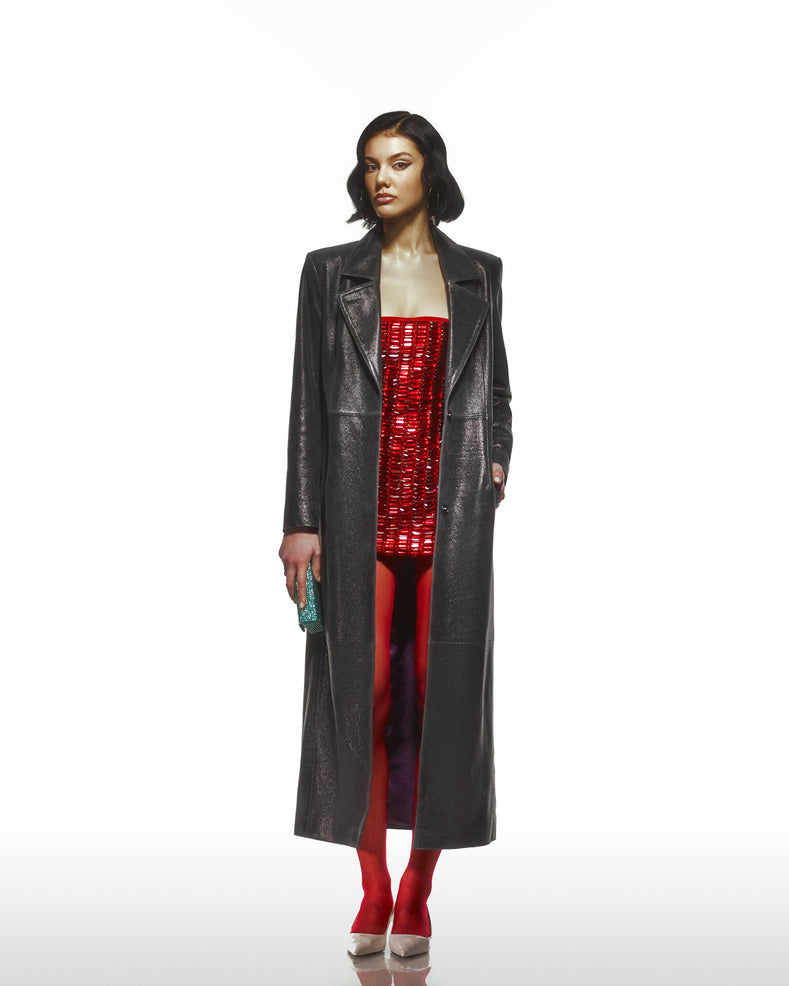 Distressed Leather Trench Coat With Purple Lining