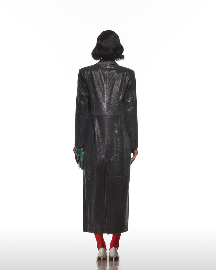 Distressed Leather Trench Coat With Purple Lining
