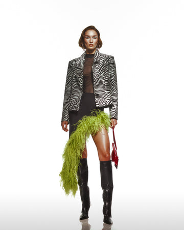 Asymmetric Slit Black Crepe Skirt With Green Ostrich Trim