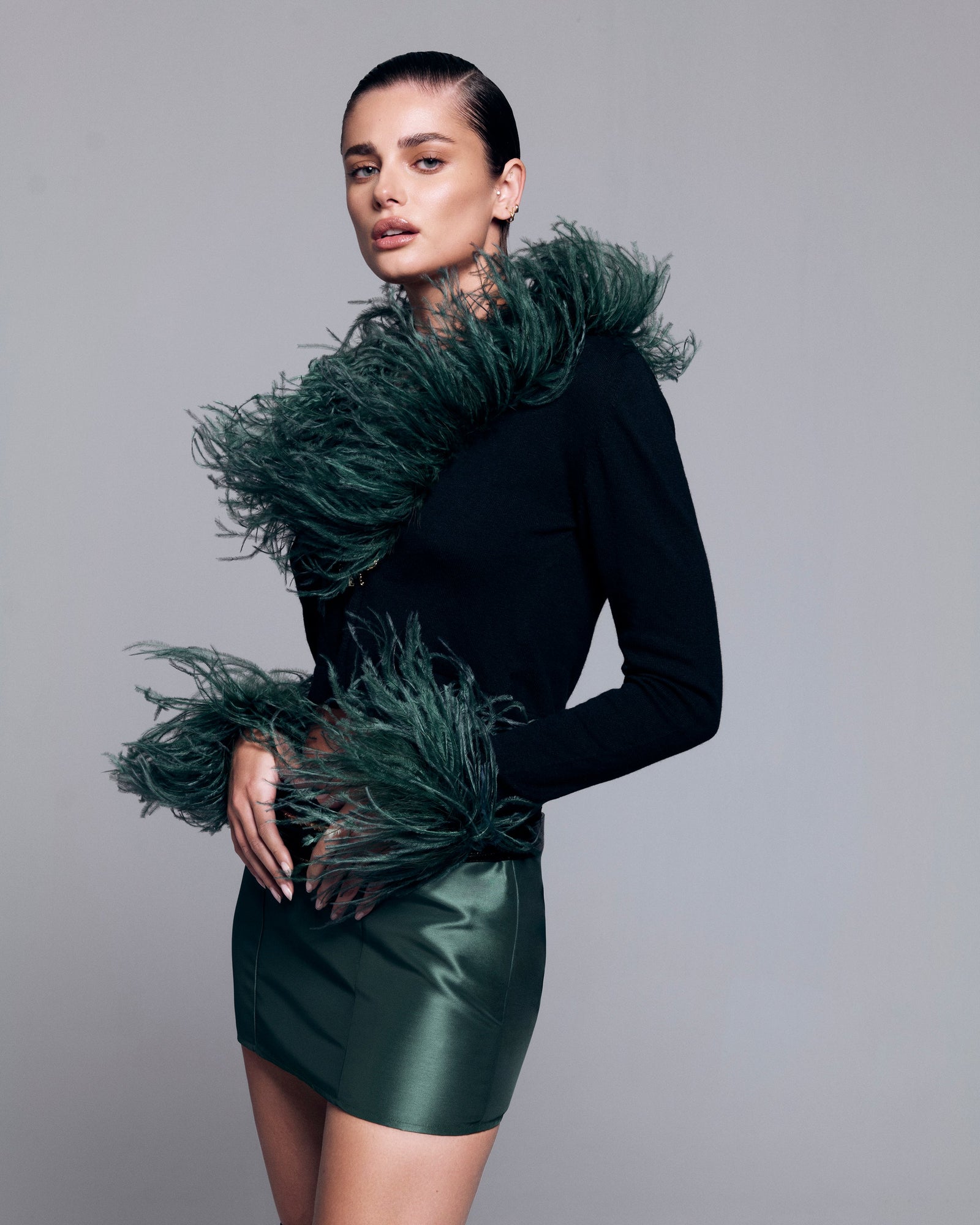 Low Belt Green Satin Mini Skirt With Belt