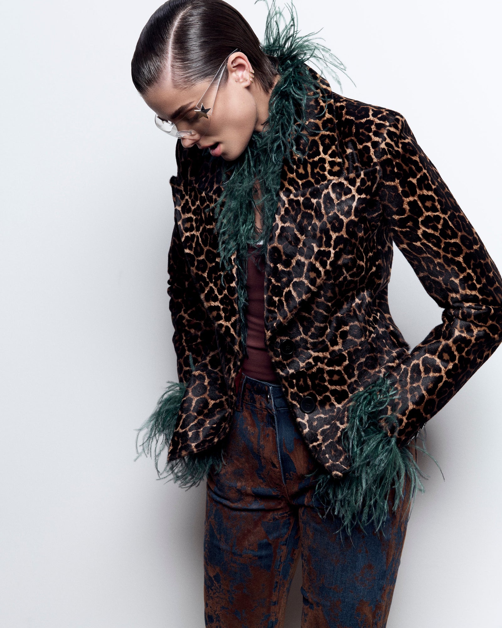 Leopard Print Pony Hair Blazer Jacket With Red Lining