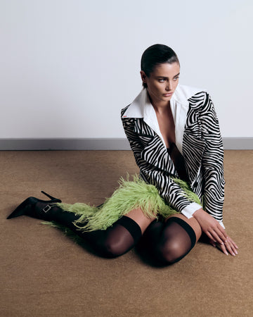 Asymmetric Slit Black Crepe Skirt With Green Ostrich Trim