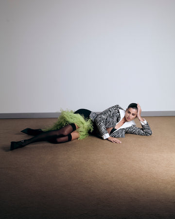 Asymmetric Slit Black Crepe Skirt With Green Ostrich Trim