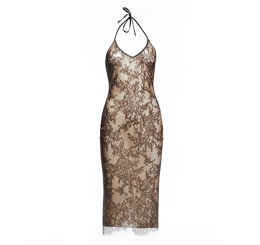 Black Lace Spaghetti Strap Bodycon Dress With An Inlining