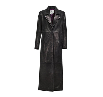 Distressed Leather Trench Coat With Purple Lining