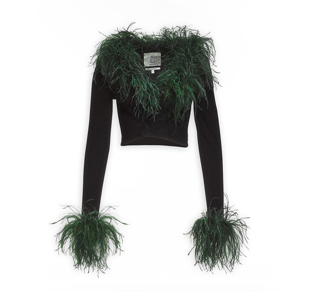 Ostrich Trimmed Black Soft Knit Cardigan