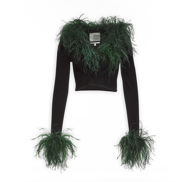 Ostrich Trimmed Black Soft Knit Cardigan