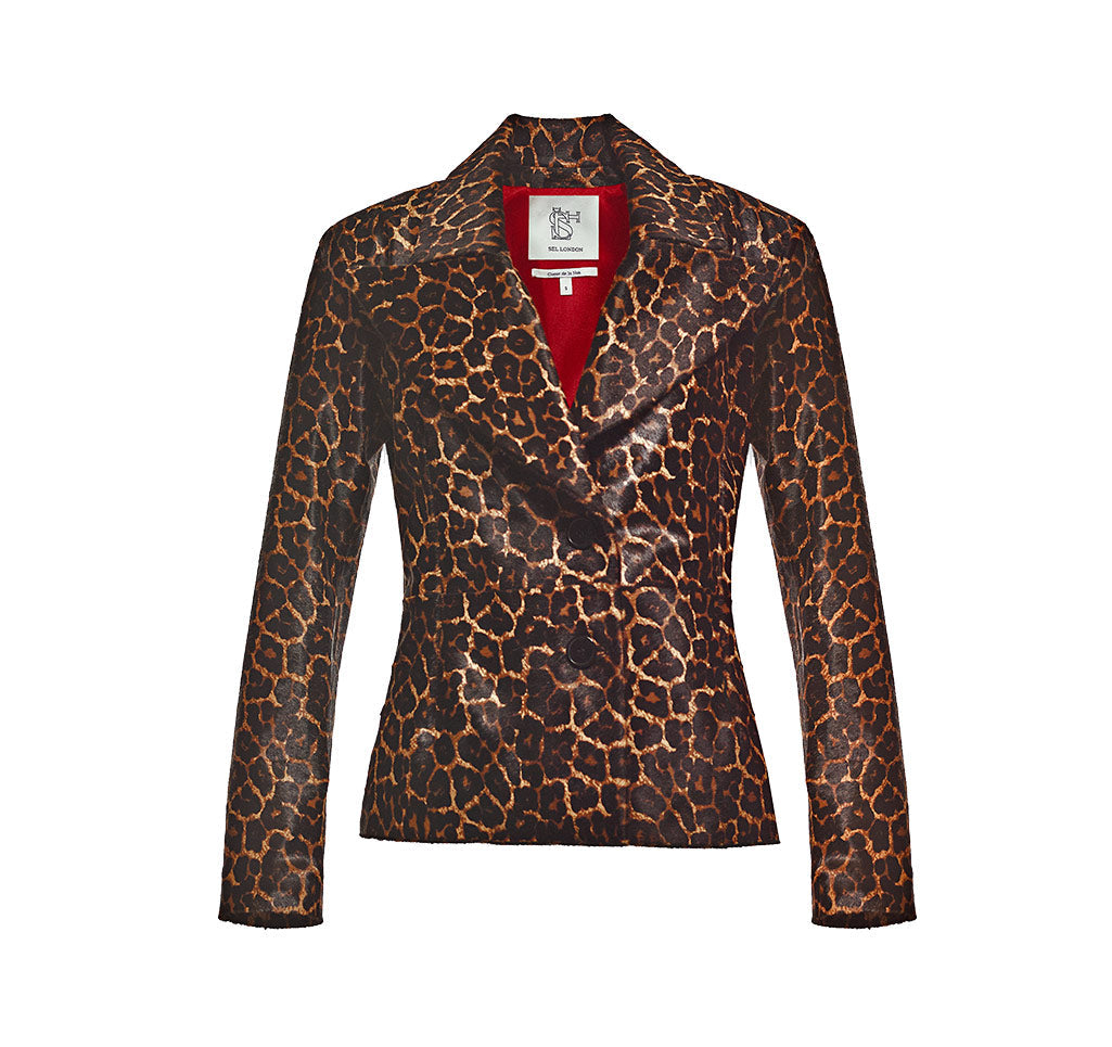 Leopard Print Pony Hair Blazer Jacket With Red Lining