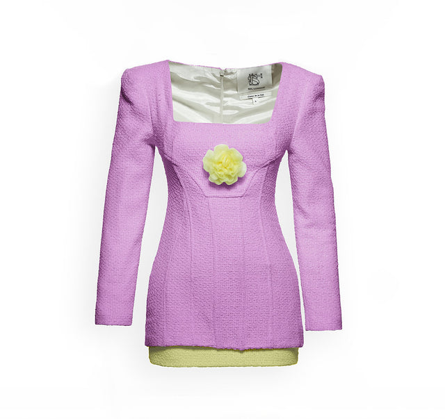 Corset Lilac Dress With Yellow Rosette And Hemline