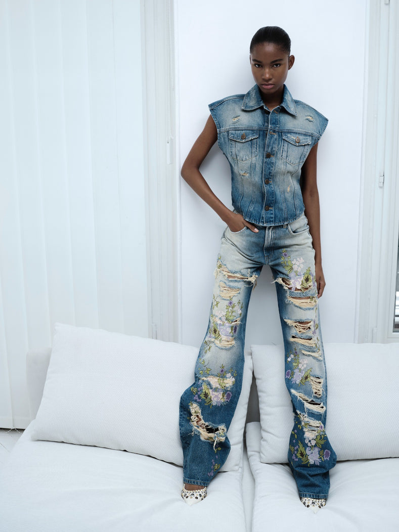 Overdyed Denim Embroidered Jeans